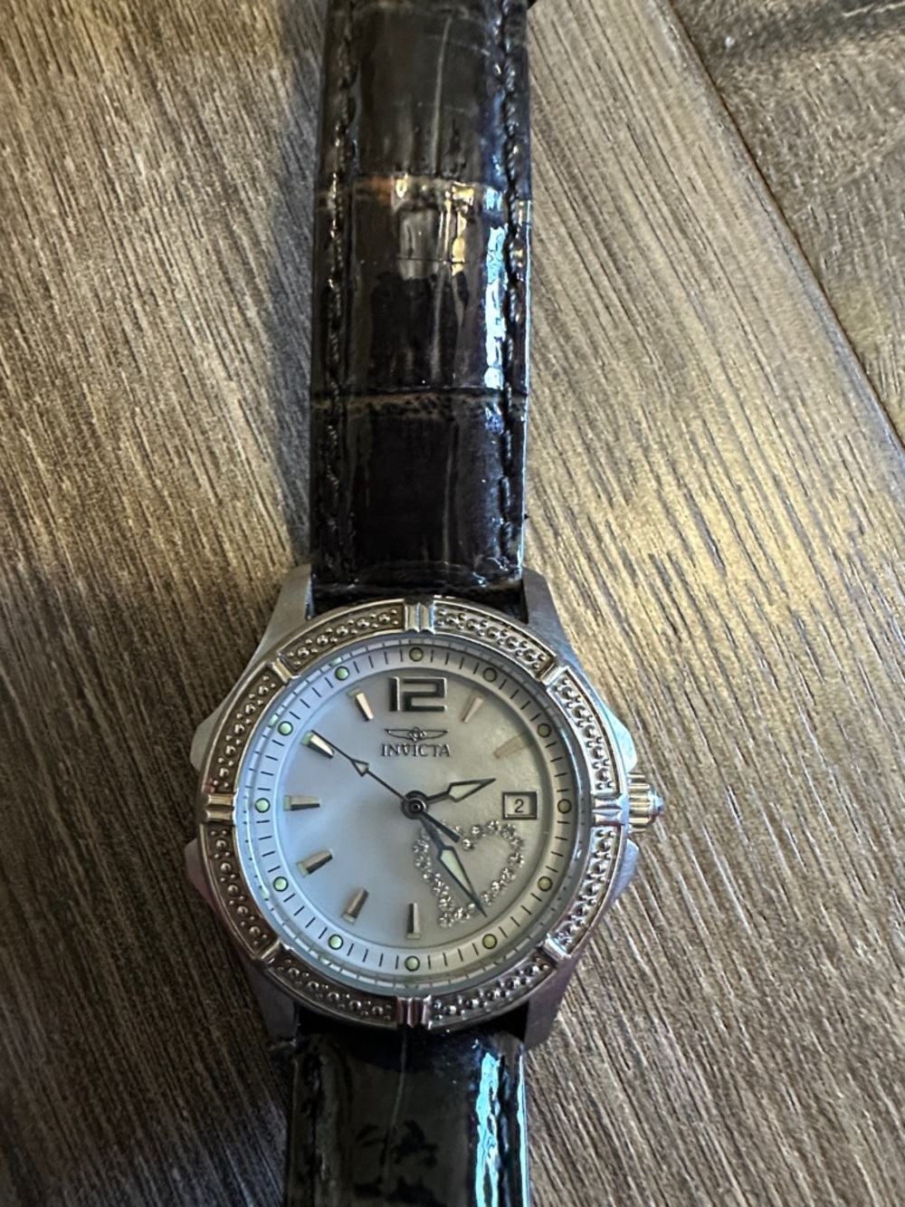 Invicta Silver Watch with Dark Brown Leather Strap and Crystal Heart